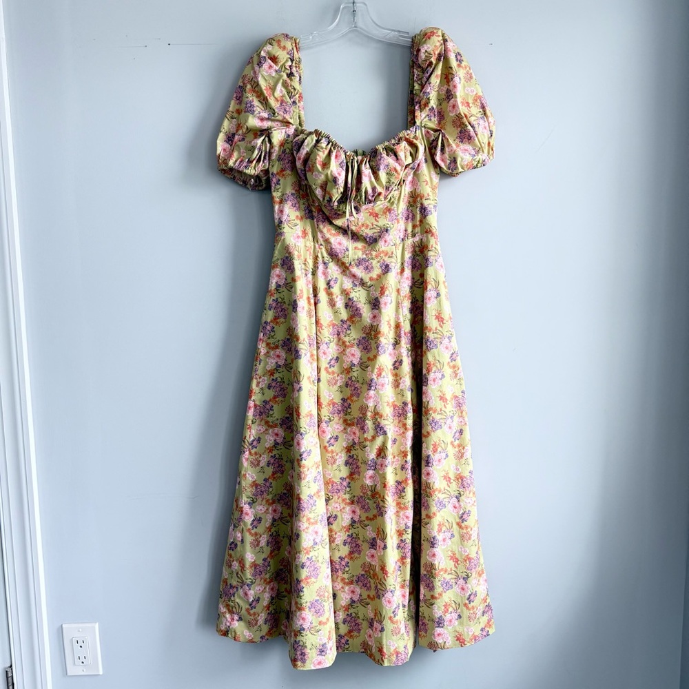 House of CB TALLULAH Peony Print Puff Sleeve Midi Sundress L Cottagecore Peasant - Picture 7 of 16